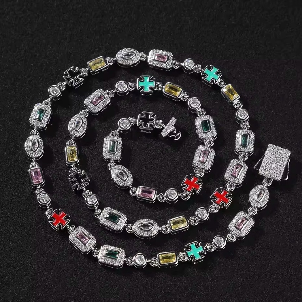 Multi-Color Cubic Zirconia Cross Station Necklace - Silver Tone 20inch